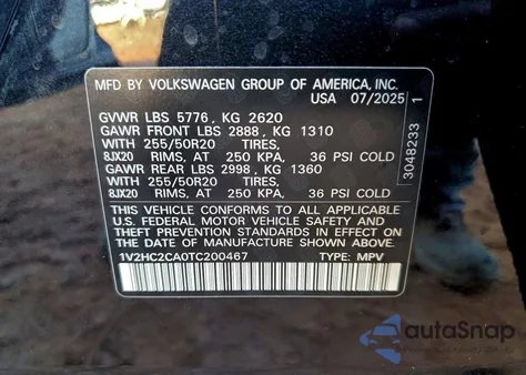 2026 Volkswagen Atlas Cross Sport Se from USA, damaged, VIN 1V2HC2CA0TC200467